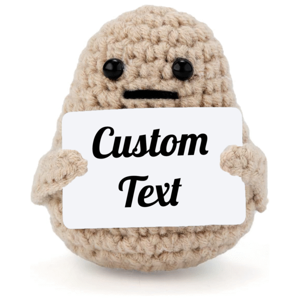 Beige crochet potato character holding a customizable message card