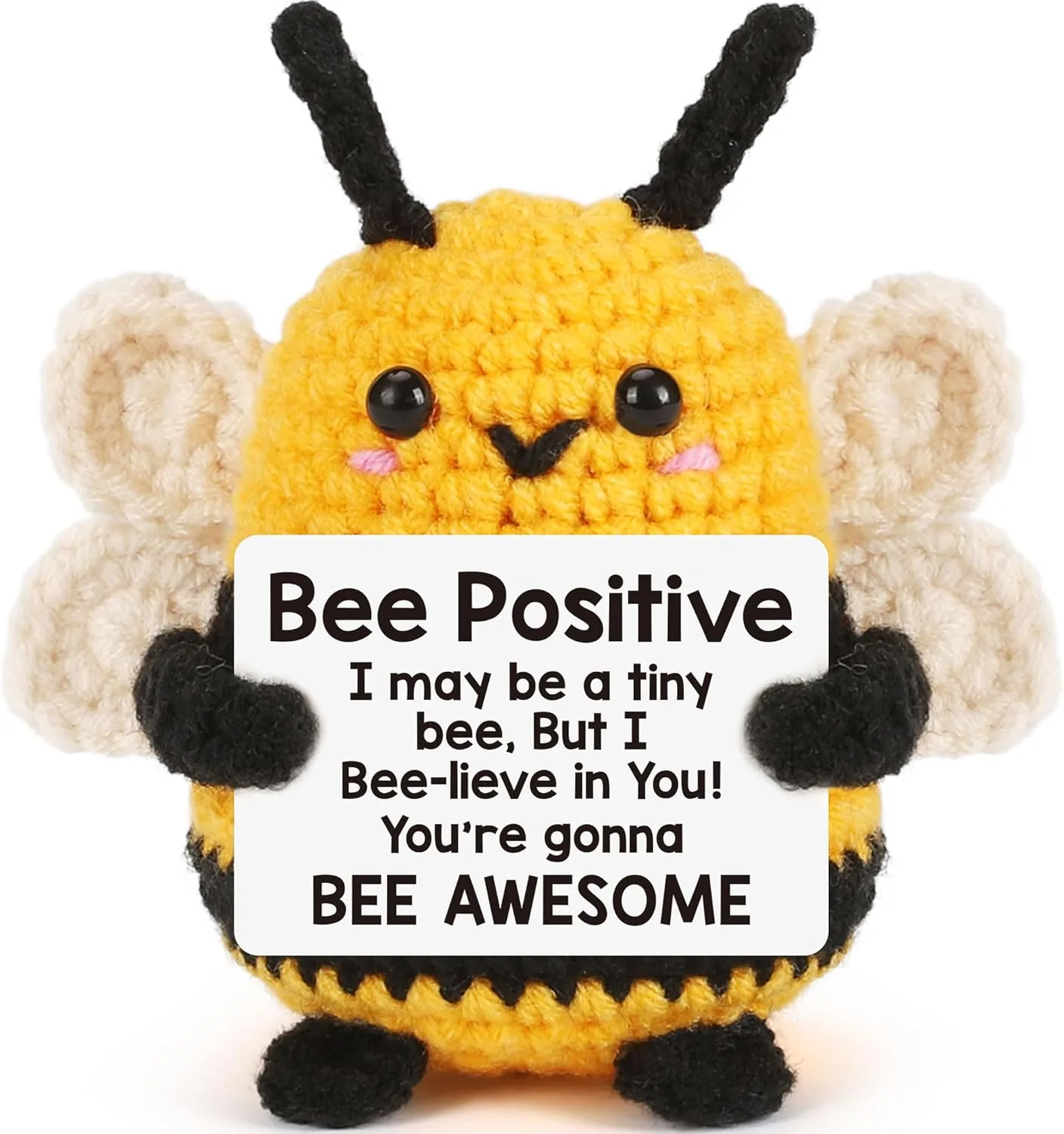 Yellow crochet bee gift holding a positive message card