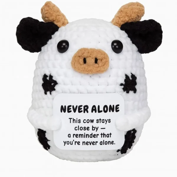 Holstein cow crochet gift holding a personalized message card
