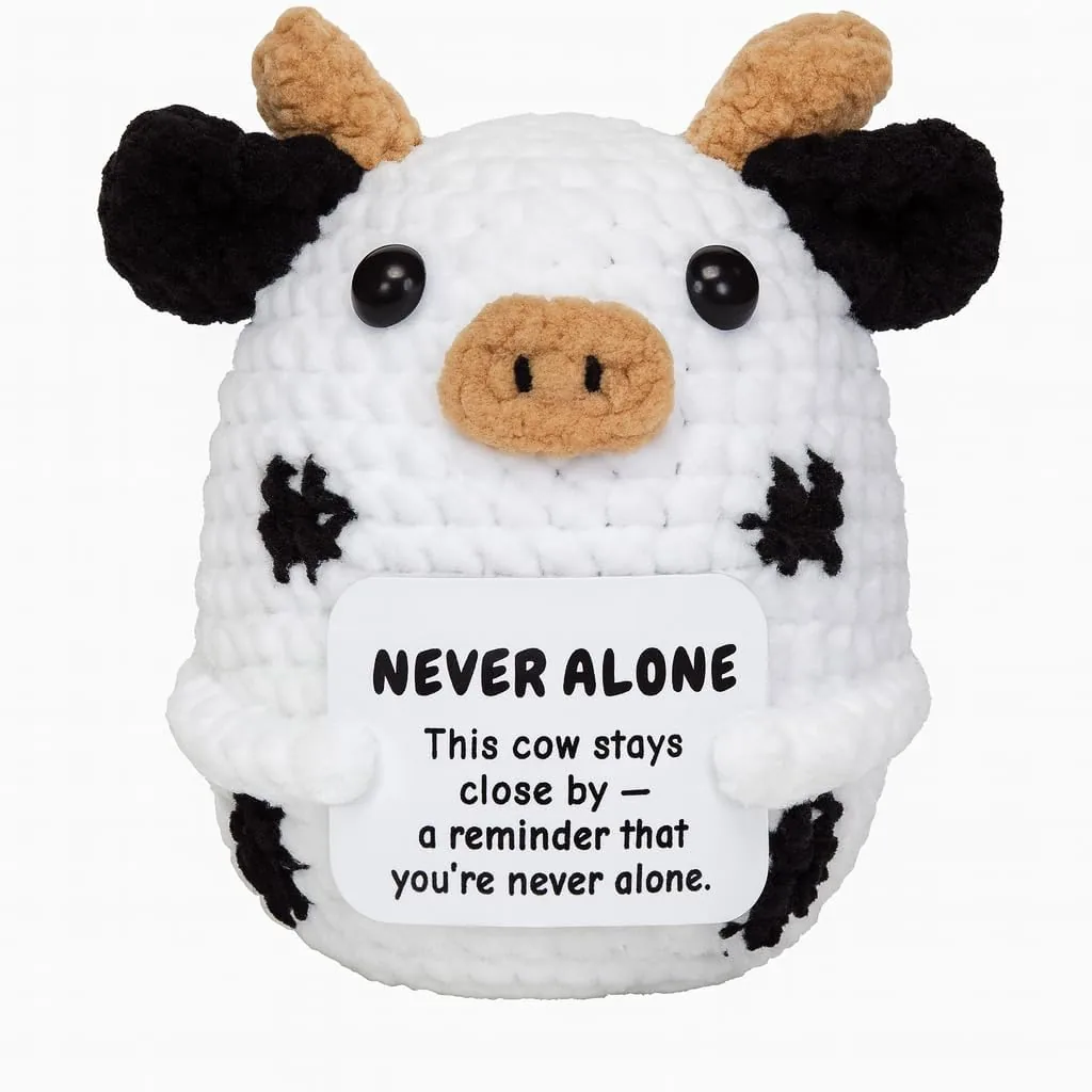 Holstein cow crochet gift holding a personalized message card