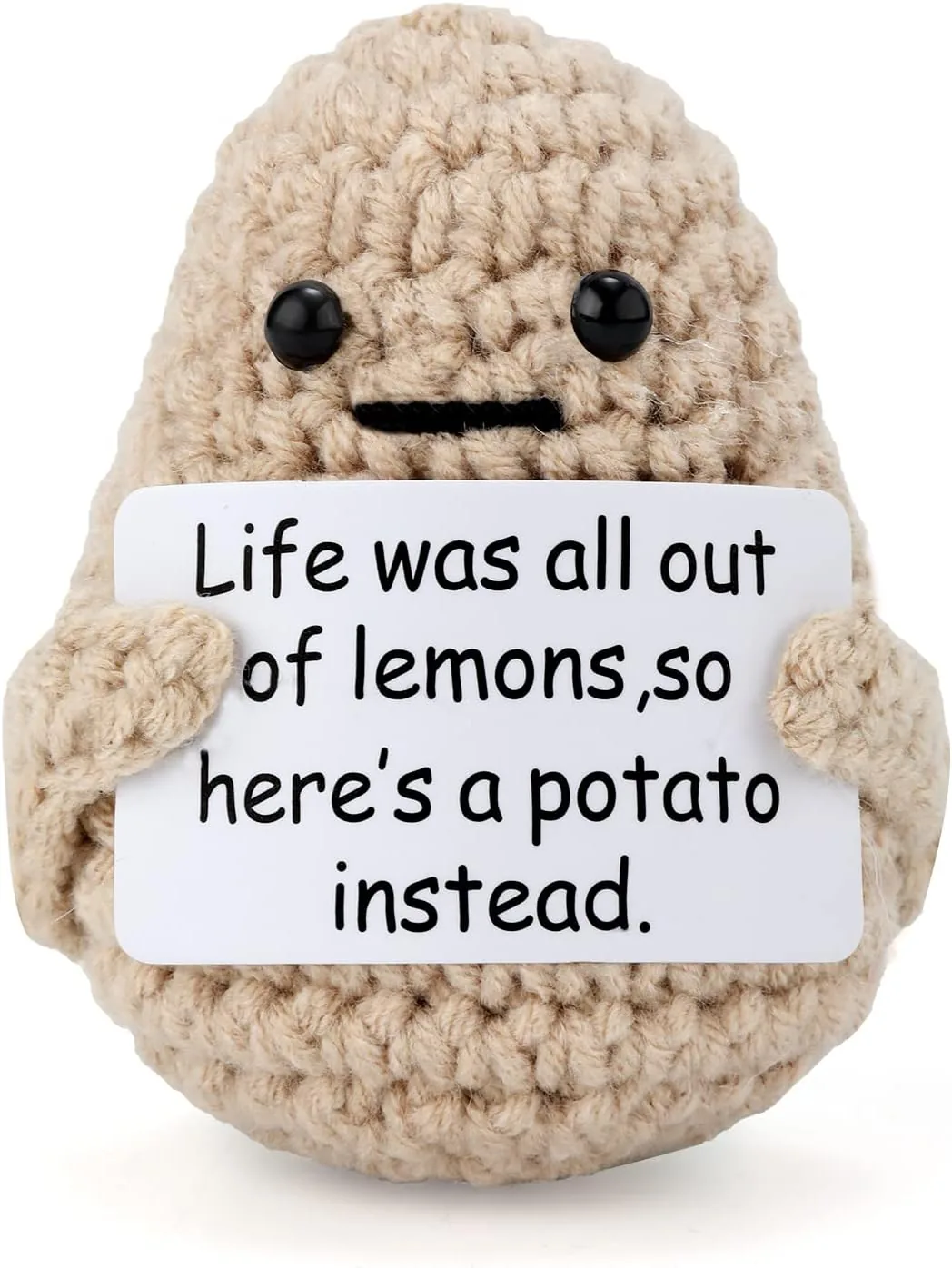 Crochet potato gift holding a personalized message card