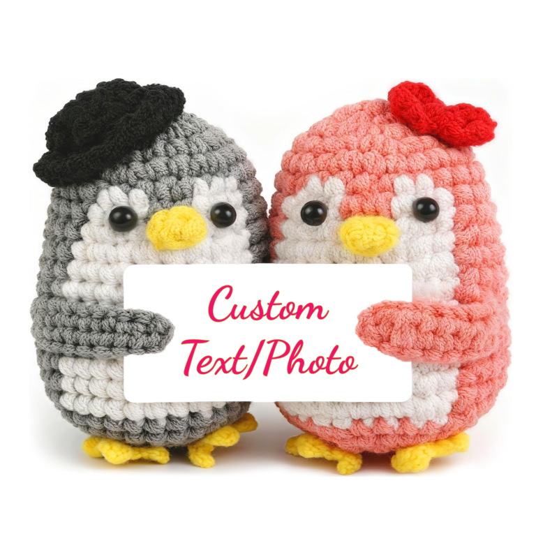 Personalized crochet penguin couple with a customizable message card