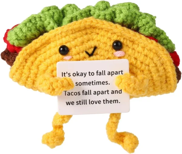 Crochet taco gift holding a personalized friendship message card