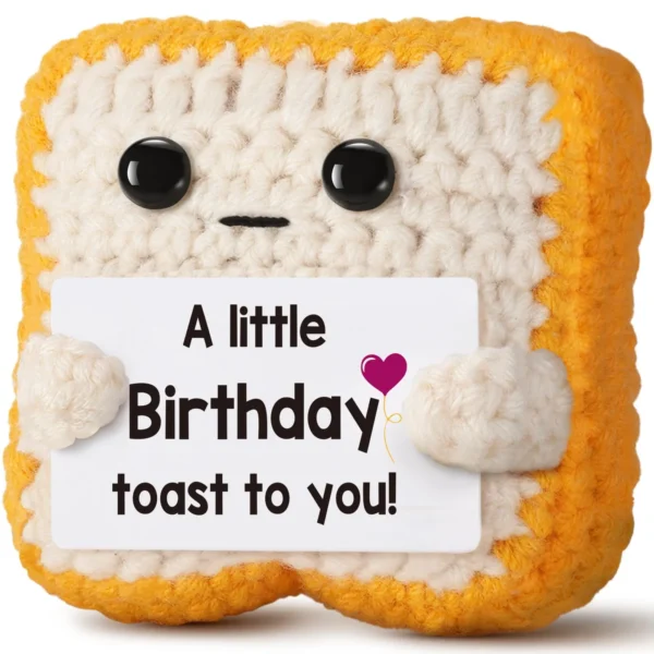 Crochet toast birthday gift holding a personalized message card