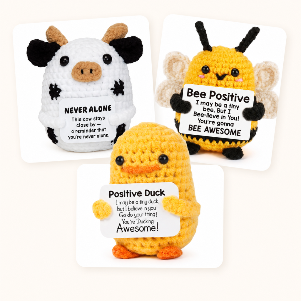 Bulk crochet gifts featuring cow, bee and yellow duck designs