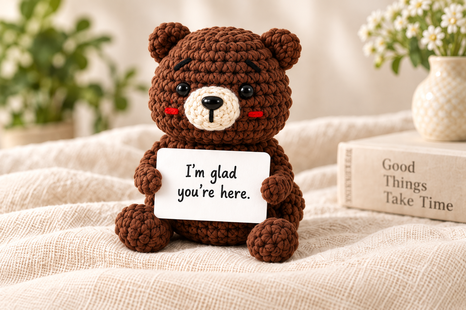 Brown crochet bear holding an “I’m glad you’re here” message card in a warm linen setting