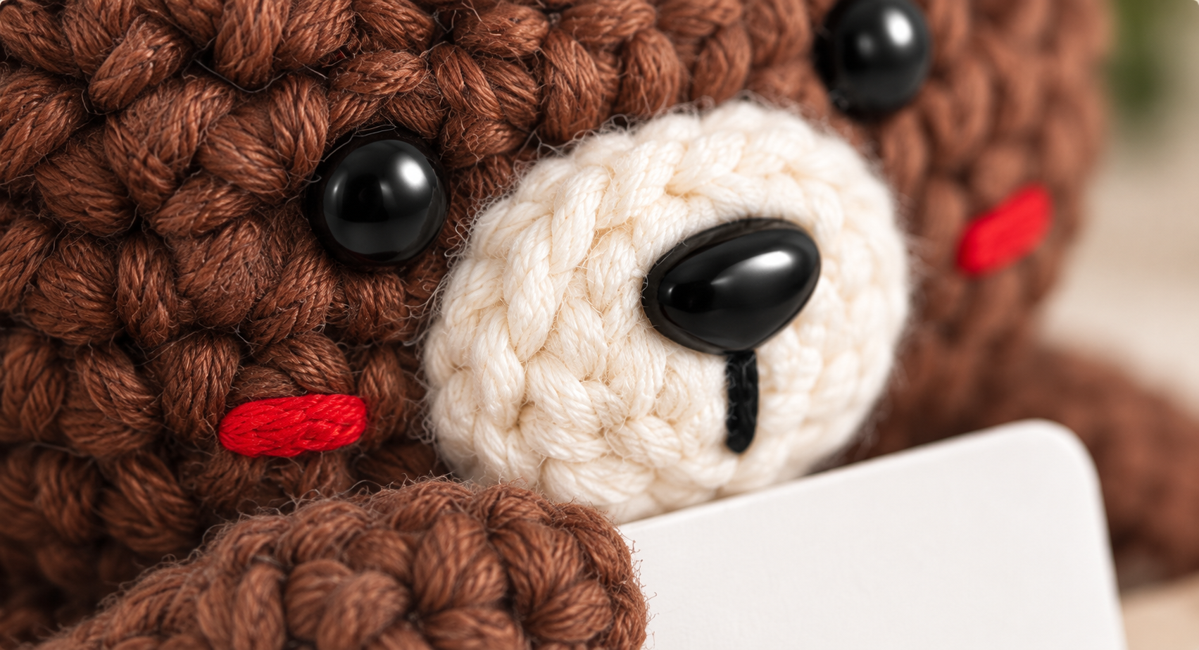 Close-up of brown crochet bear stitches, cream muzzle and red embroidered cheeks