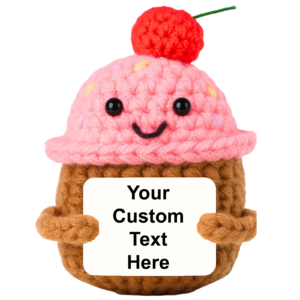 Pink crochet cupcake with a customizable message card — birthday gift