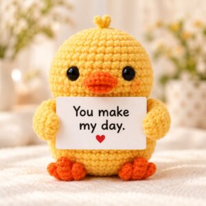 Customization example: yellow crochet duck holding a You make my day message card