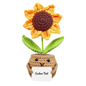 Crochet sunflower in a small pot with a customizable message card — encouragement gift