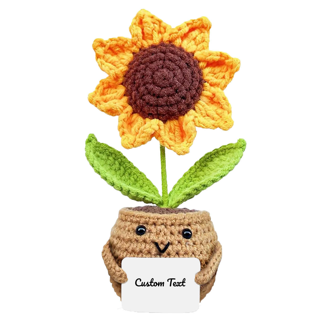 Crochet sunflower in a small pot with a customizable message card — encouragement gift