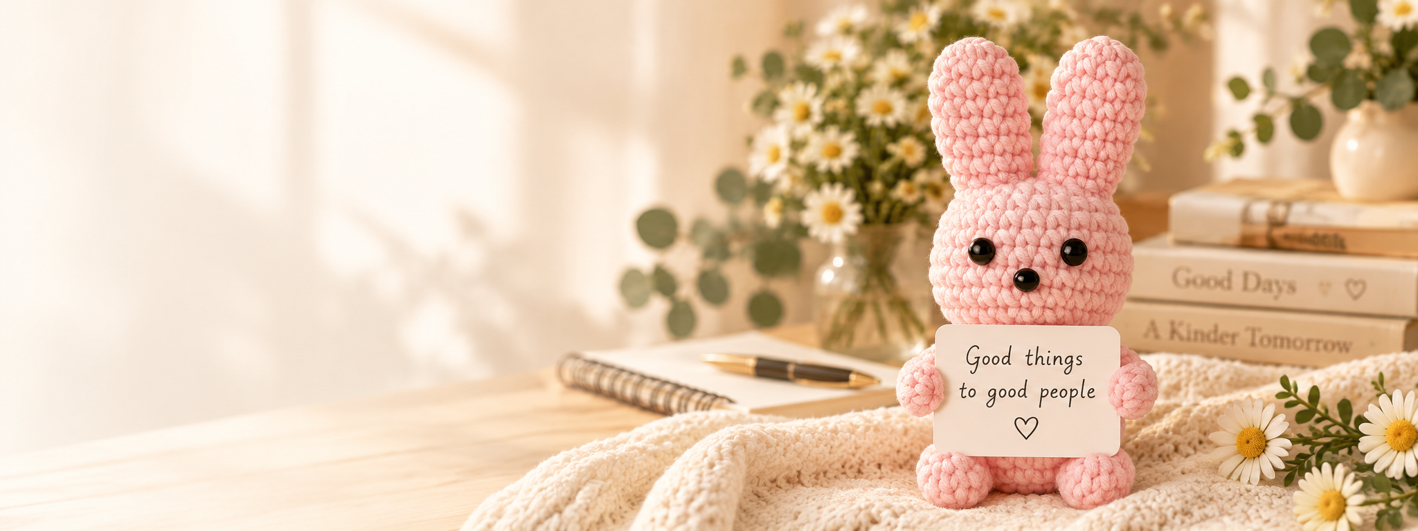 Pink crochet bunny holding a Good things to good people card beside a notebook and daisies