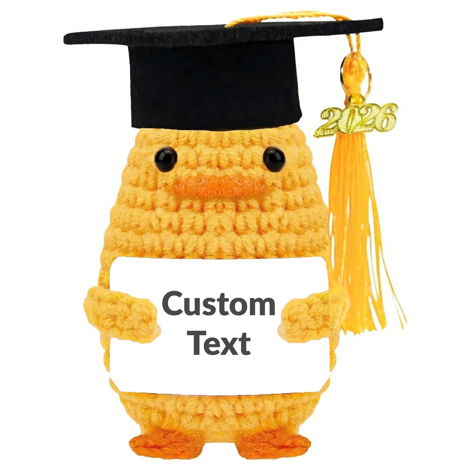 Yellow crochet duck wearing a graduation cap and holding a customizable message card