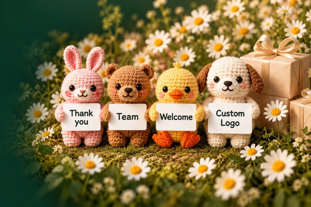 Group gift examples: crochet bunny, bear, duck and puppy holding personalized message cards