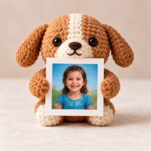 Customization example: crochet puppy holding a sample portrait photo card