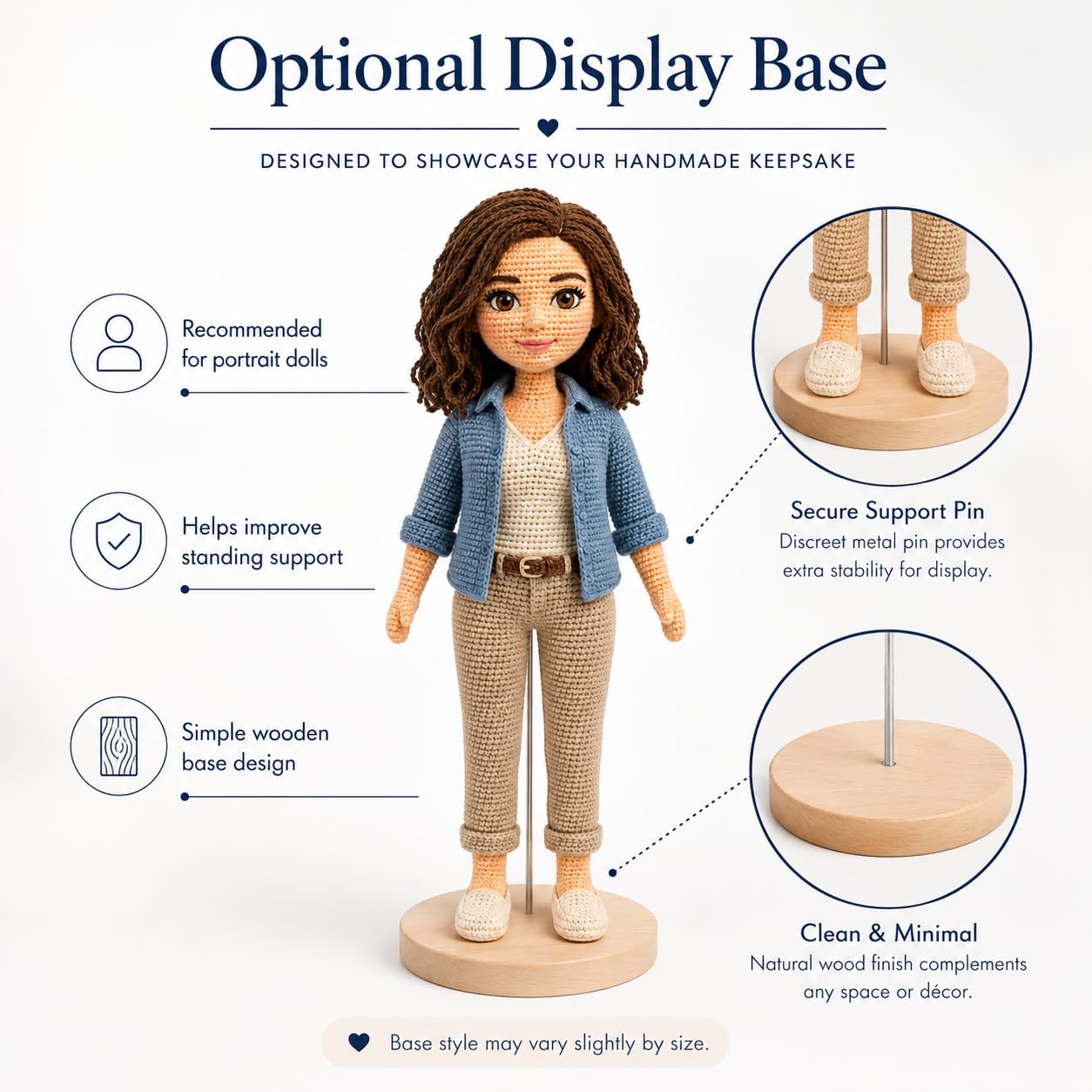 Optional wooden display stand for a custom crochet portrait doll