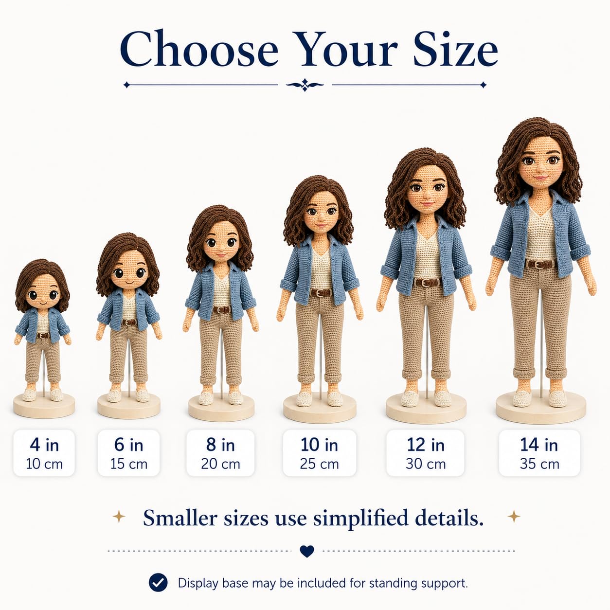 Crochet portrait doll size guide showing 4, 6, 8, 10, 12 and 14 inch heights
