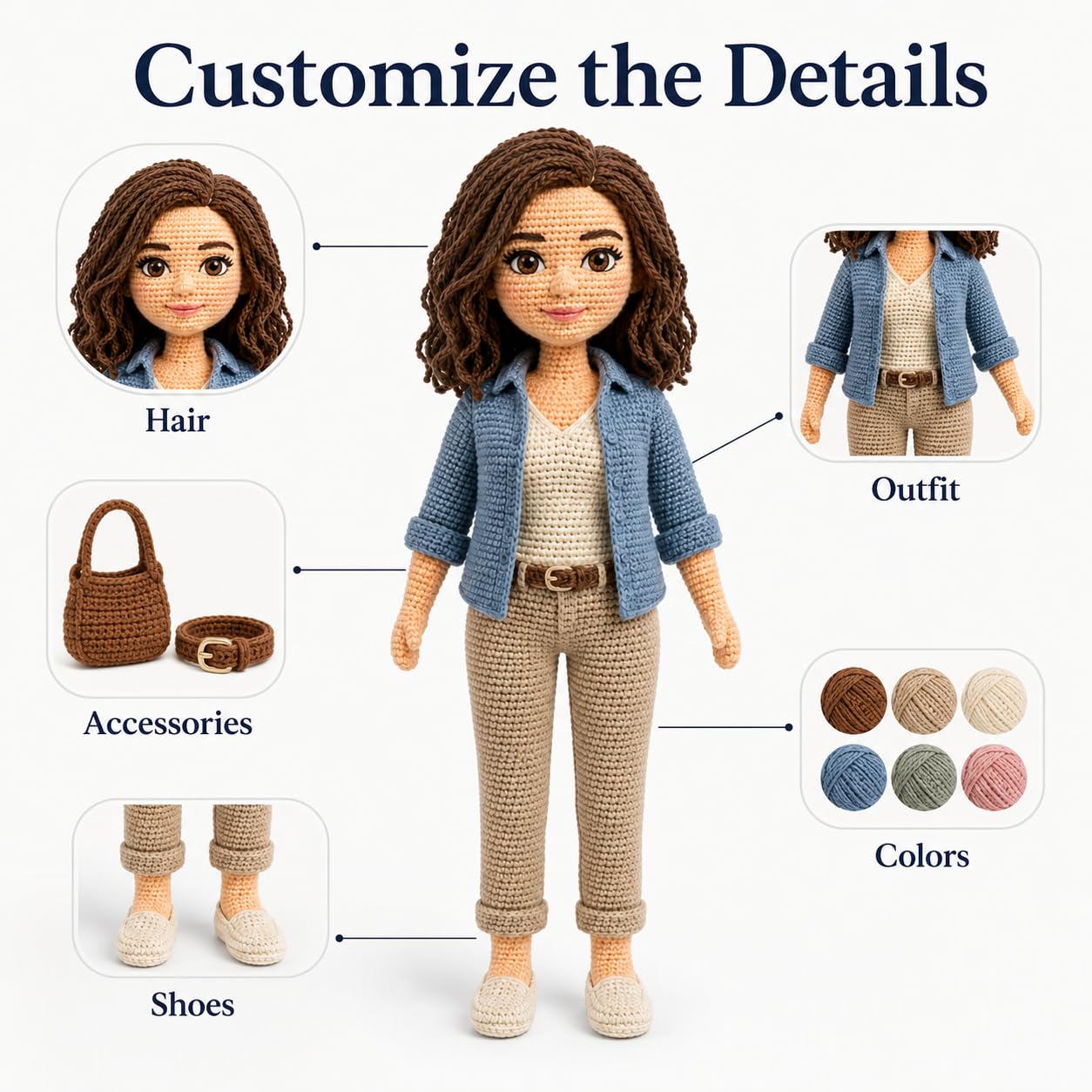 Crochet portrait doll personalization options for hair, outfit, accessories, colors and shoes