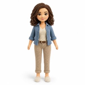 Custom crochet portrait doll with brown hair, a blue jacket and beige trousers