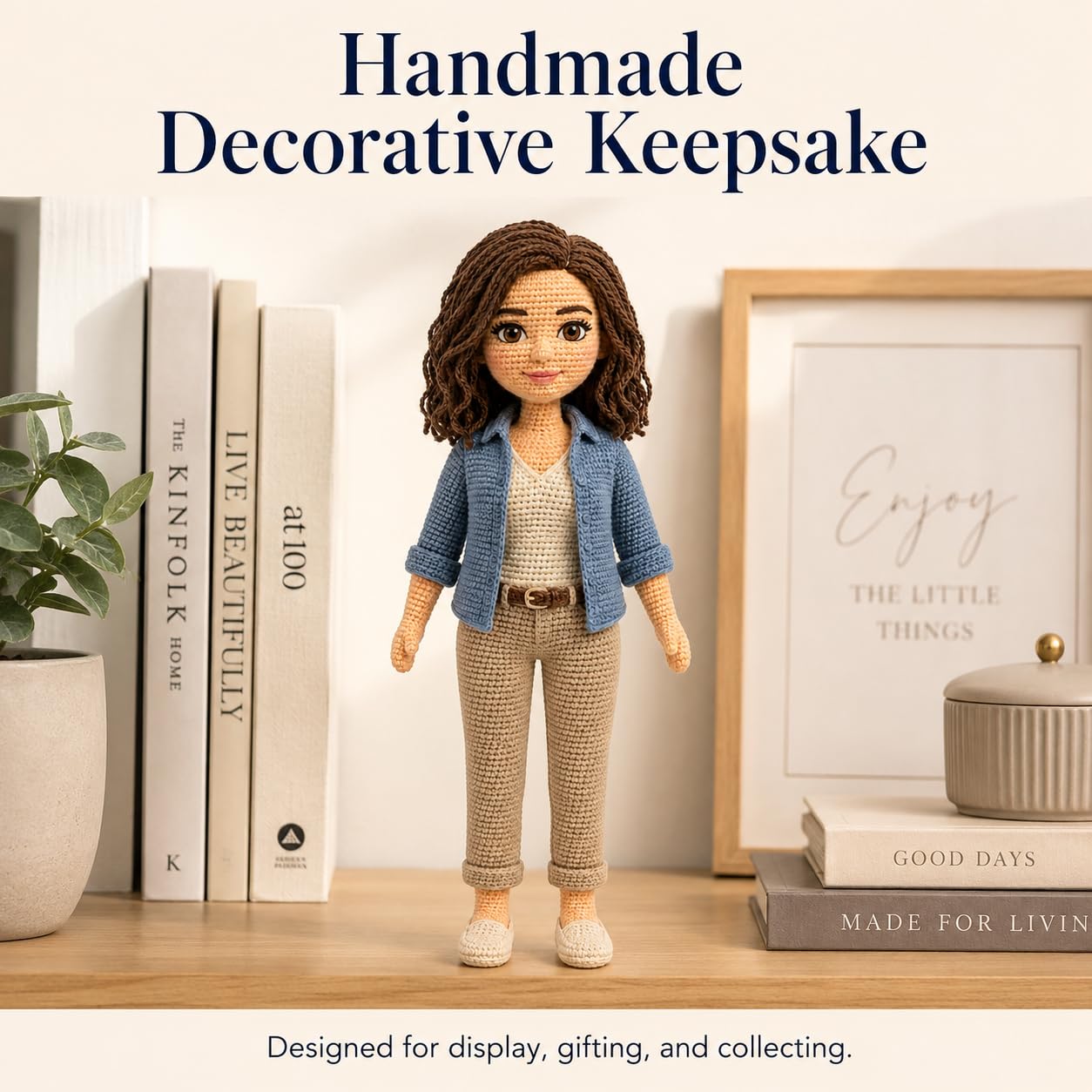 Handmade crochet portrait doll displayed on a desk as a decorative keepsake